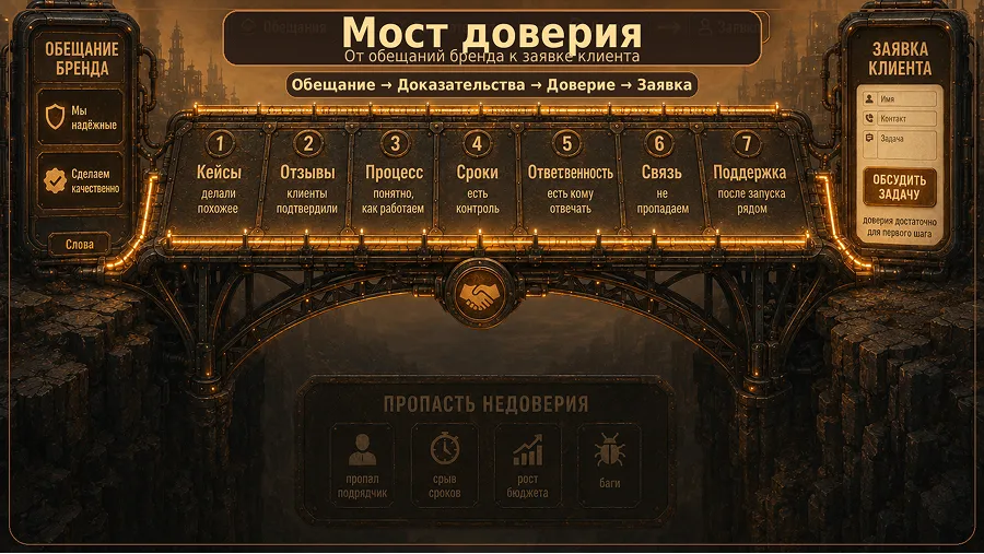 Мост доверия от обещаний бренда к заявке клиента через кейсы, отзывы, процессы, сроки и поддержку
